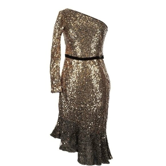 Marchesa Notte Sequined One Shoulder Asymmetric Ruffle Hem Dress Gold Size 16 - Picture 3 of 9